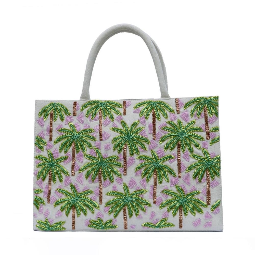 Key West Vibes! Tropical Pink Green Palm Tree Embroidered Hand-beaded Tote Bag
